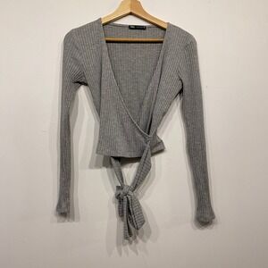 Zara Heather Gray Ribbed Knit Wrap Top Long Sleeve Tie Waist V-Neck Size Medium